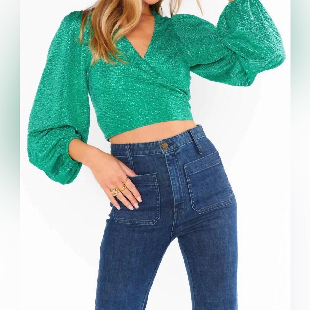 NWT Show Me Your Mumu Joplin Tie Waist Crop Metallic Green Sequin Top Size Small